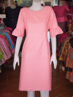 เดรสผ้าลูกไม้คอตต้อน สีพีช ไซส์ XL