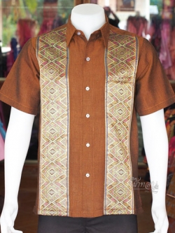 เสื้อเชิ้ตผ้าฝ้ายแต่งผ้าทอลายจก ไม่อัดผ้ากาว ไซส์ S