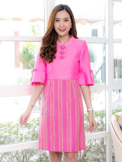 เดรสผ้าฝ้ายสุโขทัย แต่งลายมุก สีชมพู ไซส์ L