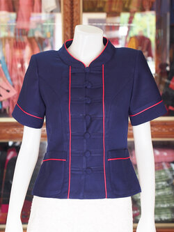 เสื้อผ้าฝ้ายสุโขทัยคอจีน สีกรมท่า แต่งกุ๊น ไซส์ 3XL