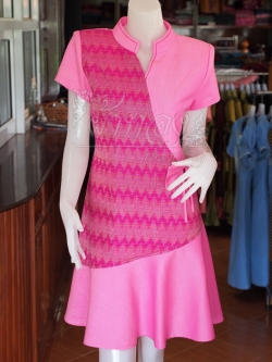 เดรสผ้าฝ้ายสุโขทัยแต่งผ้าทอลายมัดหมี่สุโขทัย ไซส์ S