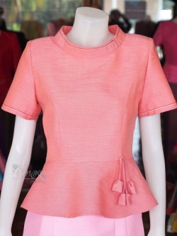 เสื้อผ้าฝ้ายสุโขทัย แต่งเดินไหม คอตั้ง สีชมพูโอรส ไซส์ M