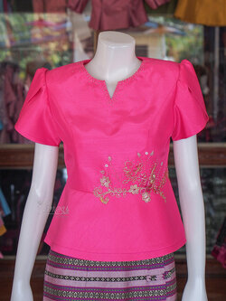 เสื้อผ้าไหมแพรทอง แต่งลูกไม้ สีชมพู ไซส์ L