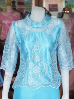 เสื้อผ้าไหมแพรทอง สีฟ้า แต่งลูกไม้ ไซส์ S