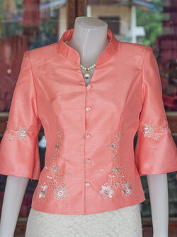 เสื้อผ้าไหมแพรทอง แต่งลูกไม้ สีส้ม ไซส์ L