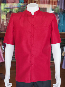 เสื้อผ้าไหมแพรทอง คอพระราชทาน สีแดง ไซส์ 4XL