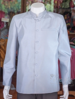 เสื้อผ้าไหมแพรทองคอพระราชทานแขนยาว สีเทาเงิน ไซส์ XL