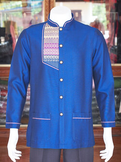 เสื้อผ้าฝ้ายสุโขทัยแต่งจกคอพระราชทานแขนยาว สีน้ำเงิน ไซส์ 2XL