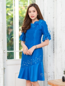 เดรสผ้าไหมแพรทอง สีน้ำเงิน ไซส์ S