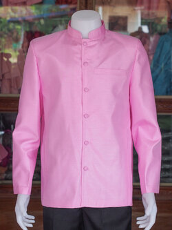 เสื้อผ้าไหมแพรทองคอพระราชทานแขนยาว สีชมพูกลีบบัว ไซส์ M
