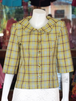 เสื้อผ้าฝ้ายทอลายสก็อต ปกบัว ไม่อัดผ้ากาว ไซส์ S