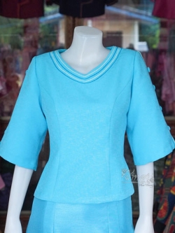 เสื้อผ้าฝ้ายสุโขทัยคอแหลม แต่งเดินไหม สีฟ้า ไซส์ M
