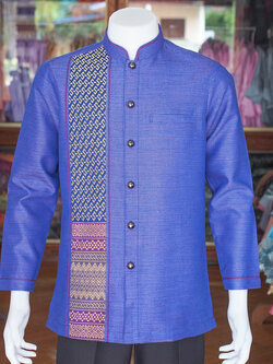 เสื้อผ้าฝ้ายสุโขทัยแต่งจก คอพระราชทานแขนยาว สีน้ำเงินอมม่วง ไซส์ 2XL