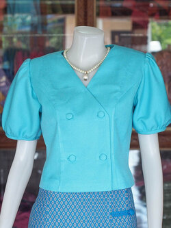 เสื้อผ้าฝ้ายสุโขทัยแต่งแขนตุ๊กตา สีฟ้า ไซส์ 3XL