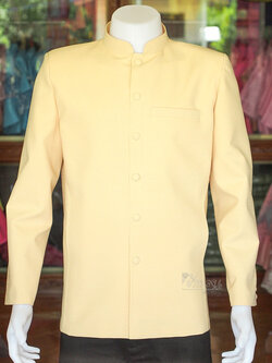 เสื้อผ้าฝ้ายแพรเงิน คอพระราชทานแขนยาว สีเหลืองครีม ไซส์ XL