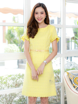 เดรสผ้าลูกไม้คอตต้อน สีเหลือง ไซส์ XL