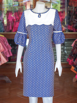 เดรสผ้าฝ้ายทอลายดอกหวาย สีน้ำเงิน ไซส์ L