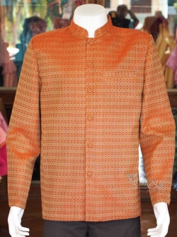 เสื้อผ้าฝ้ายลายพิกุลคอพระราชทานแขนยาว สีส้มอิฐ ไซส์ 3XL
