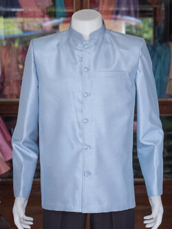 เสื้อผ้าไหมแพรทองคอพระราชทานแขนยาว สีฟ้าเทา ไซส์ XL