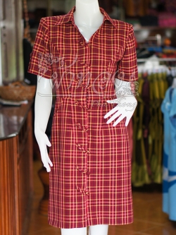 เดรสผ้าฝ้ายทอลายสก็อต มีกระเป๋า ไซส์ L