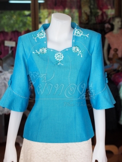 เสื้อผ้าฝ้ายสุโขทัยปักมุก สีฟ้า ไซส์ S
