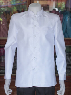 เสื้อผ้าไหมแพรทองคอพระราชทานแขนยาว สีขาวโอโม่ ไซส์ XL