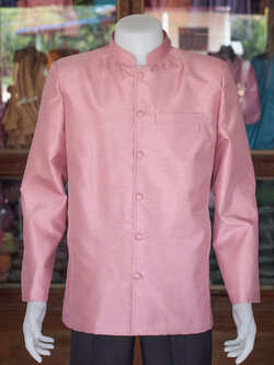 เสื้อผ้าไหมแพรทองคอพระราชทานแขนยาว สีชมพูกะปิ ไซส์ XL