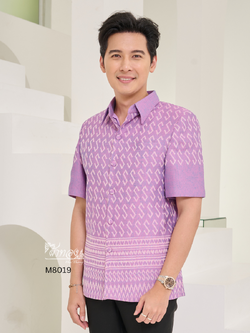 เสื้อผ้าฝ้ายลายขอ สีม่วง ไซส์ XL