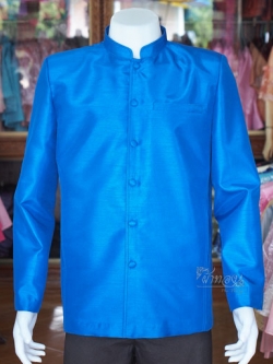 เสื้อผ้าไหมแพรทองคอพระราชทานแขนยาว สีน้ำเงิน ไซส์ XL
