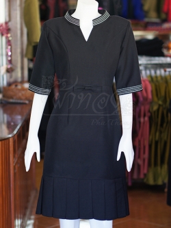 เดรสผ้าฝ้ายสุโขทัยสีดำ คอจีน แต่งปักไหม ไซส์ S