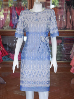 เดรสผ้าฝ้ายลายมัดหมี่ สีฟ้าเทา ไซส์ S