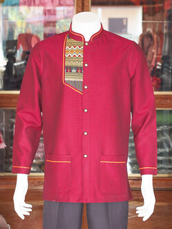 เสื้อผ้าฝ้ายสุโขทัยแต่งจก คอพระราชทานแขนยาว สีแดง ไซส์ XL
