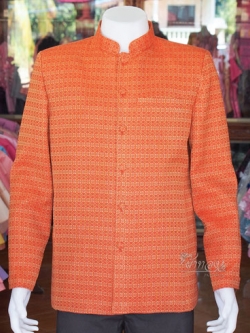 เสื้อผ้าฝ้ายลายพิกุลคอพระราชทานแขนยาว สีส้ม ไซส์ 3XL