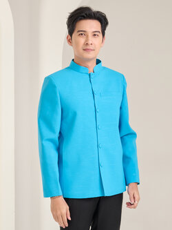 เสื้อผ้าฝ้ายแพรเงิน คอพระราชทานแขนยาว สีฟ้าเข้ม ไซส์ XL