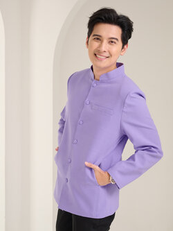 เสื้อผ้าฝ้ายแพรเงินคอพระราชทานแขนยาว สีม่วง ไซส์ XL