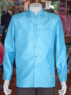 เสื้อผ้าไหมแพรทองคอพระราชทานแขนยาว สีฟ้า ไซส์ XL