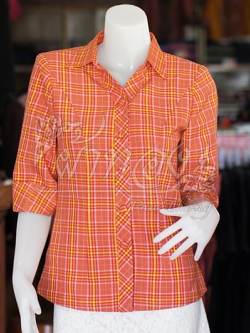 เสื้อผ้าฝ้ายทอลายสก็อต ปกเชิ้ตคอวี ไซส์ M