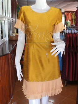 เดรสผ้าไหมแพรทองสีทองแต่งผ้าชีฟองอัดพลีท ไซส์ S