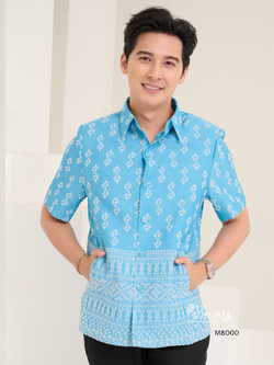 เสื้อผ้าฝ้ายลายขอ สีฟ้า ไซส์ S