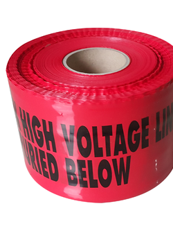 Underground tape เทปฝังใต้ดิน สีแดง "CAUTION HIGH VOLTAGE LINE BURIED BELOW " กว้าง 15 ซม.(6นิ้ว) ยาว (305 เมตร)