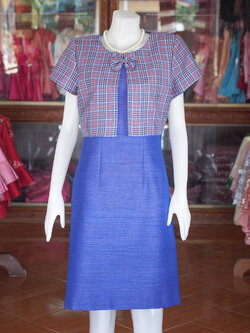 เดรสผ้าฝ้ายสุโขทัยสีน้ำเงิน แต่งผ้าทอลายสก็อต ไซส์ L