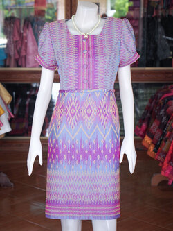 เดรสผ้าฝ้ายครามลายมัดหมี่ สีม่วง ไซส์ L