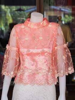 เสื้อลูกไม้คอตั้ง สีโอรส ไซส์ M