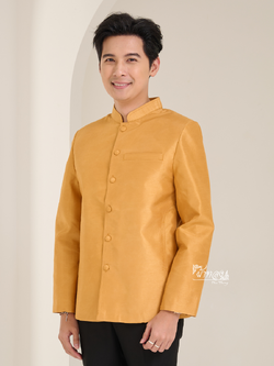 เสื้อผ้าไหมแพรทองคอพระราชทานแขนยาว สีทอง ไซส์ XL