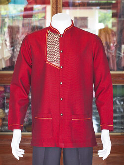 เสื้อผ้าฝ้ายสุโขทัยแต่งลายขอ คอพระราชทานแขนยาว สีแดง ไซส์ 2XL