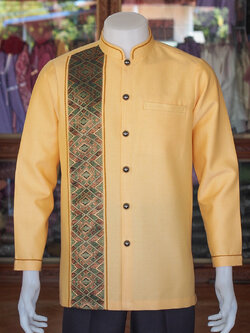 เสื้อผ้าฝ้ายสุโขทัยแต่งจก คอพระราชทานแขนยาว สีเหลือง ไซส์ 2XL