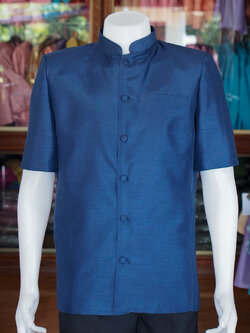 เสื้อผ้าไหมแพรทอง คอพระราชทาน สีกรมท่า ไซส์ 4XL