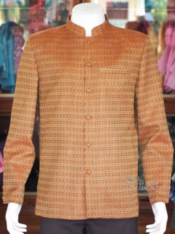 เสื้อผ้าฝ้ายลายพิกุลคอพระราชทานแขนยาว สีน้ำตาล ไซส์ 3XL