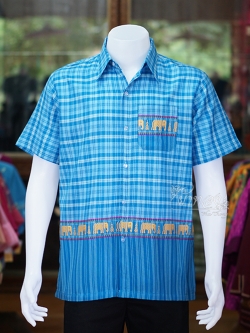 เสื้อเชิ้ตผ้าฝ้ายทอลายช้าง ไม่อัดผ้ากาว สีฟ้าเข้ม-ฟ้าอ่อน ไซส์ S