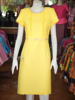 เดรสผ้าลูกไม้คอตต้อน สีเหลือง ไซส์ L